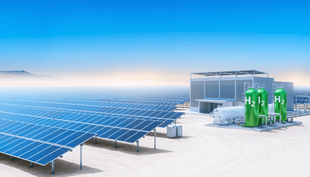 Massive utility-scale solar PV plant integrated with green hydrogen infrastructure in the MENA desert landscape.