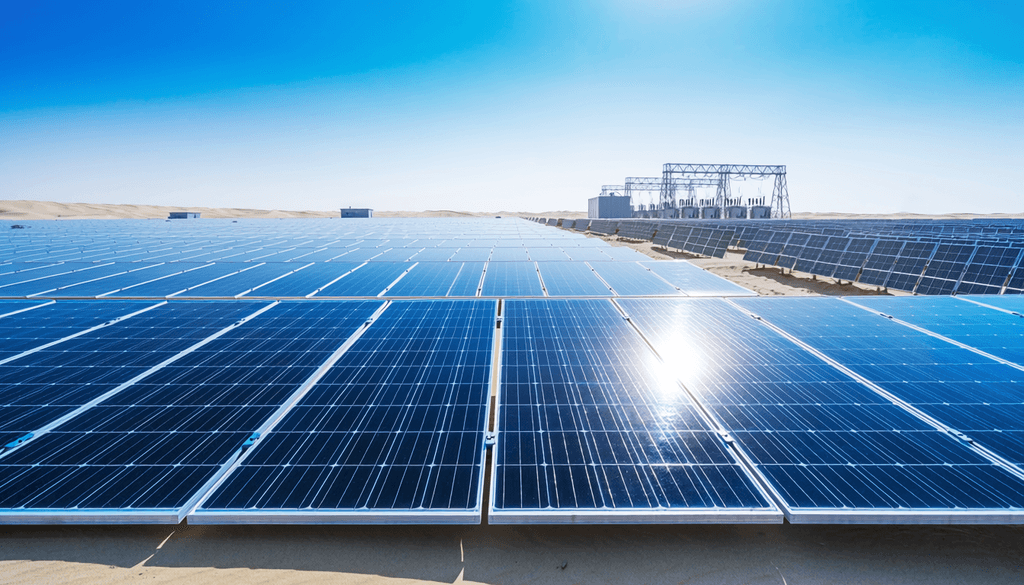 Solar PV panels array installed on a flat industrial rooftop in the MENA region under clear sky conditions.