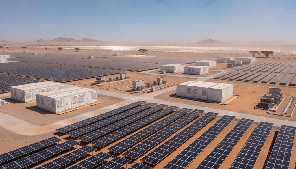 Large-scale solar PV plant with utility-scale battery energy storage system containers in a desert region.