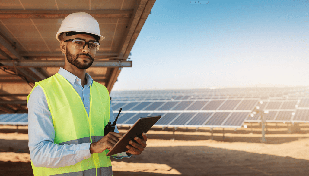 Engineer in a safety vest and hard hat inspecting an industrial solar panel installation in the MENA region.
