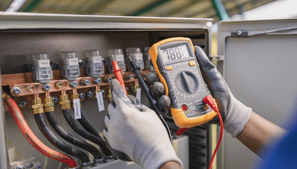 Technician measuring DC voltage on solar PV cabling inside a combiner box using a digital multimeter
